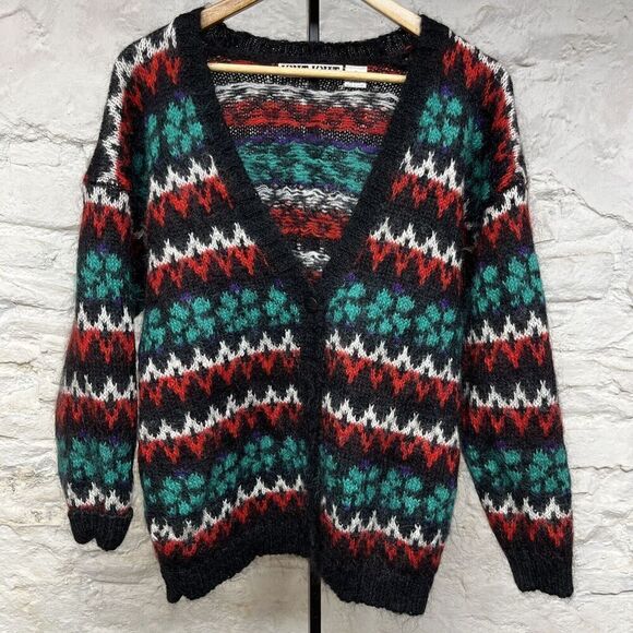 VTG Shaggy Mohair Blend Geometric Pattern Cardigan Women's Medium Fuzzy Sweater - Picture 1 of 8